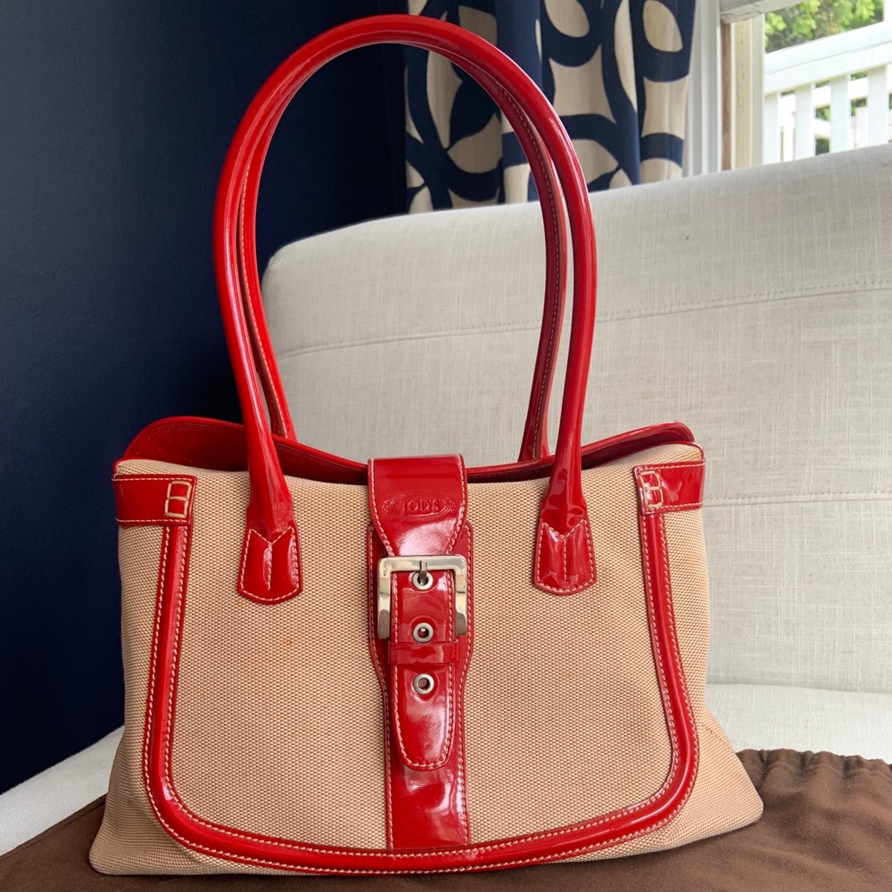 Tod's Red Patent Leather & Linen Handbag